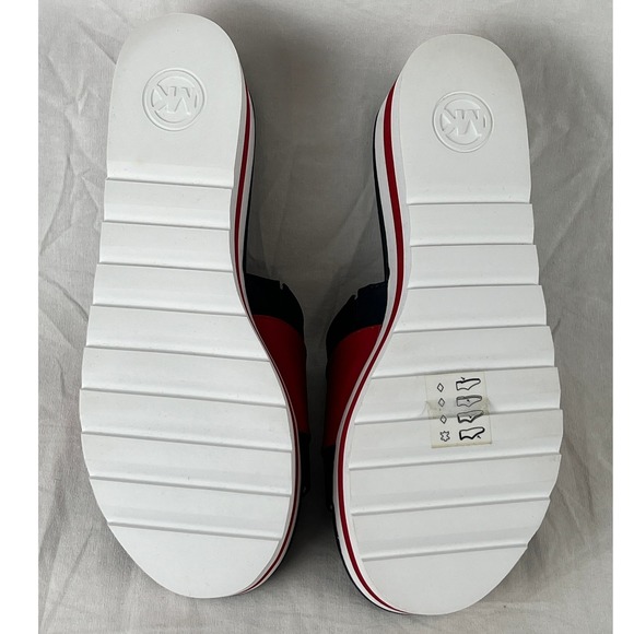 Michael Kors Logo Platform Wedge Slides Sandals Red Navy White Women 6.5 Leather - Picture 8 of 9